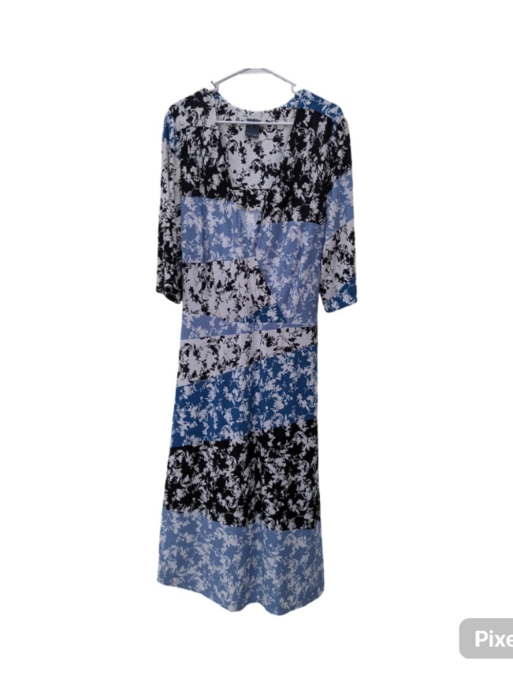 Gabby Skye Blue and Black Floral Patchwork Midi Dress
